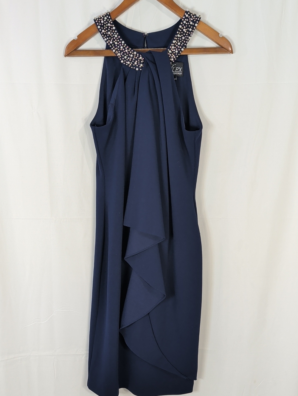 Alex Evenings Navy One-Shoulder Embellished Neck Dress